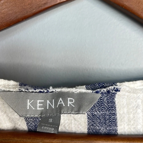 KENAR Linen Blend Striped Mini Dress Blue Oatmeal Cutouts Pockets Coastal Size M - Picture 7 of 11